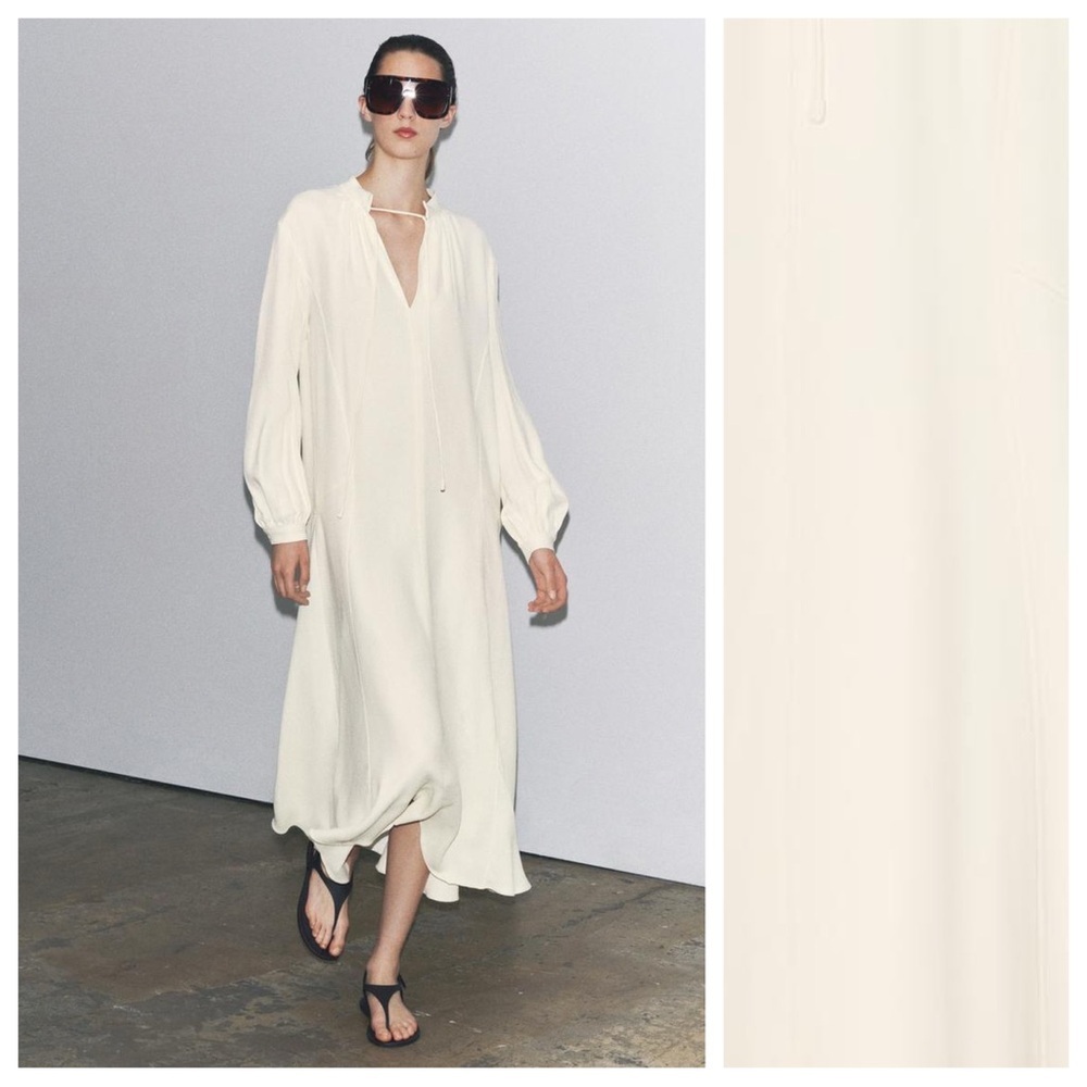 NWT. Zara ZW Collection Oyster White Flowy Long Dress with Ties. Size XL.